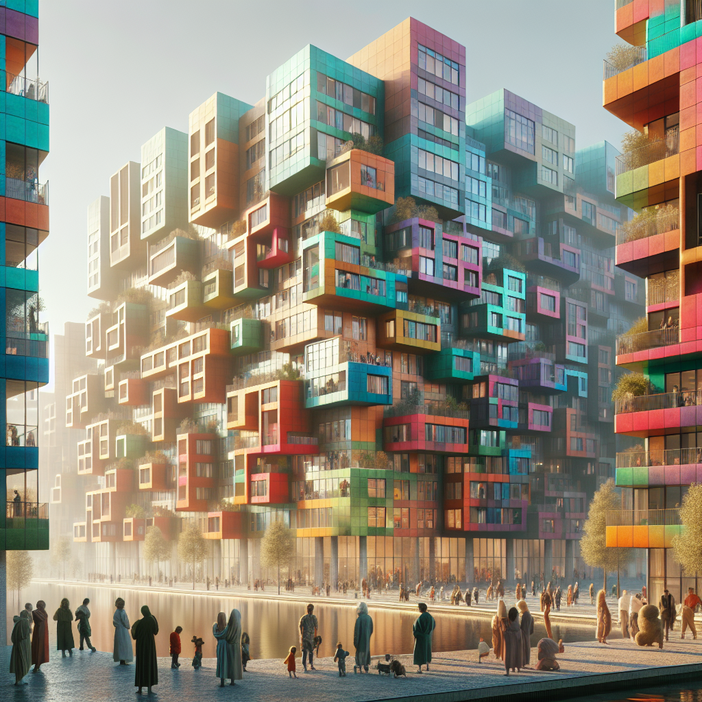 Futuristic communal housing complex in Rotterdam with color-coded apartments, sustainable design, rooftop gardens, and modern architectural details.