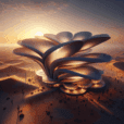 Futuristic desert flower-shaped residence with rammed earth walls, kinetic petal panels, LED lights, and sustainable biomimicry design at sunset.