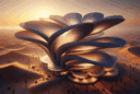 Futuristic desert flower-shaped residence with rammed earth walls, kinetic petal panels, LED lights, and sustainable biomimicry design at sunset.