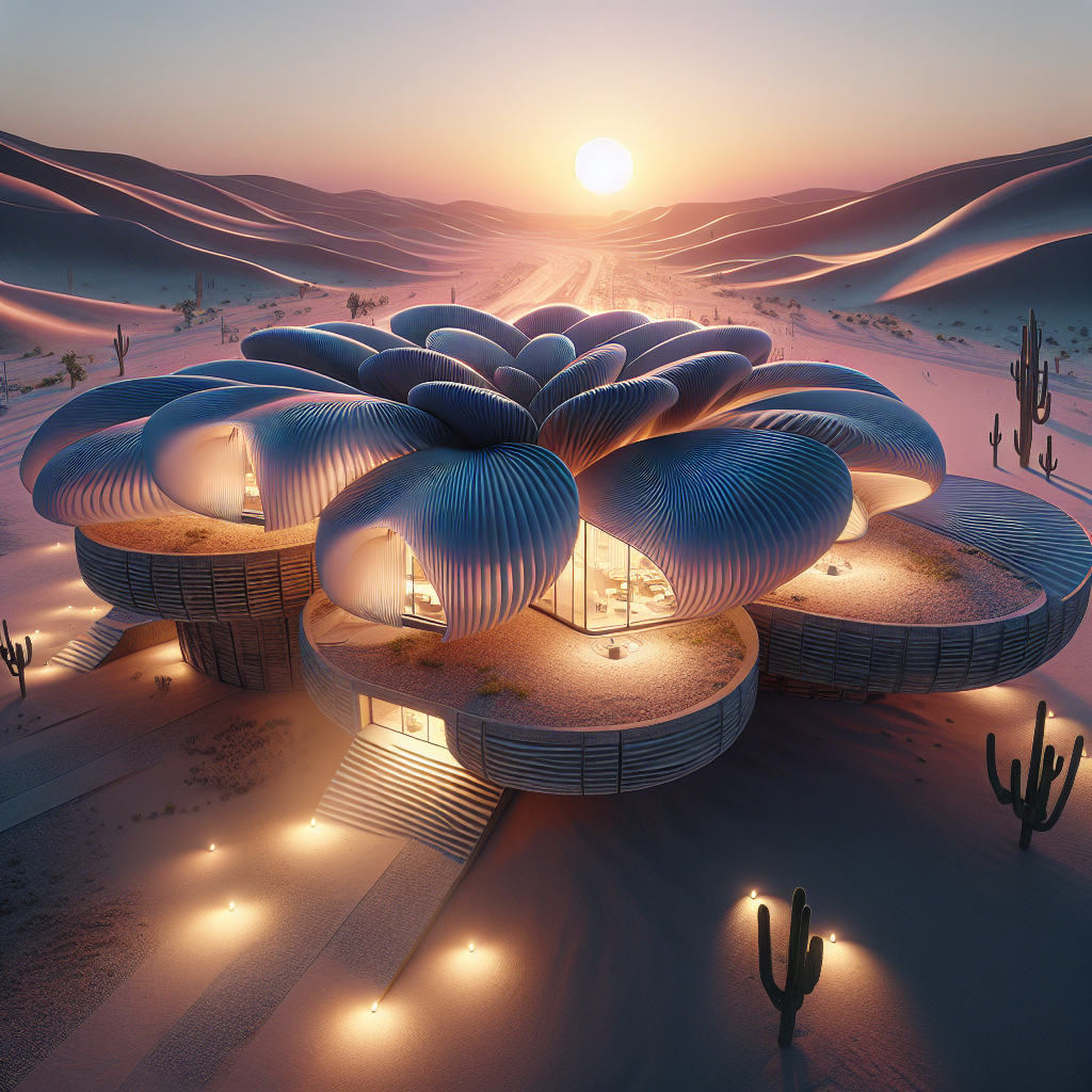 Futuristic desert flower-shaped residence with rammed earth walls, kinetic petal panels, LED lights, and sustainable biomimicry design at sunset.