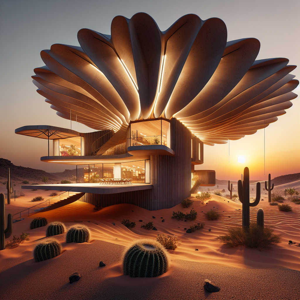 Futuristic desert flower-shaped residence with rammed earth walls, kinetic petal panels, LED lights, and sustainable biomimicry design at sunset.