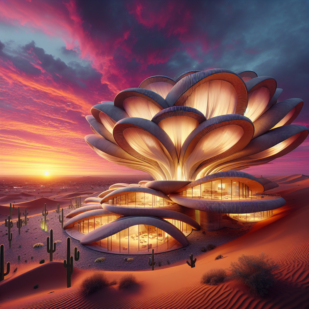 Futuristic desert flower-shaped residence with rammed earth walls, kinetic petal panels, LED lights, and sustainable biomimicry design at sunset.