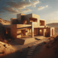 Hyperrealistic desert minimalist villa with rammed-earth walls and sunset lighting, blending harmoniously into arid landscape and natural terrain.