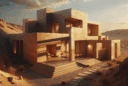 Hyperrealistic desert minimalist villa with rammed-earth walls and sunset lighting, blending harmoniously into arid landscape and natural terrain.