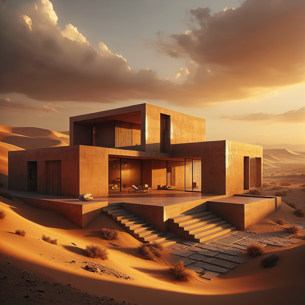 Hyperrealistic desert minimalist villa with rammed-earth walls and sunset lighting, blending harmoniously into arid landscape and natural terrain.