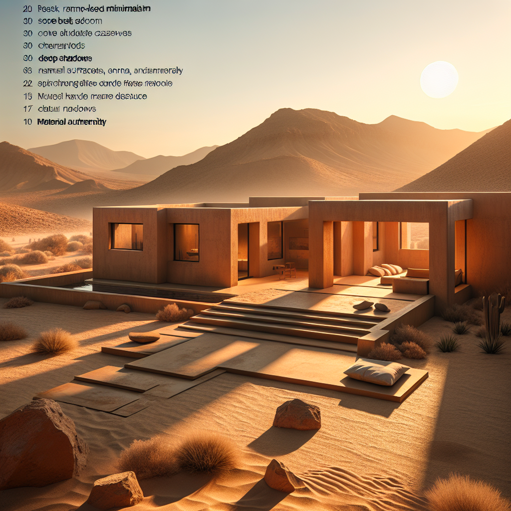 Hyperrealistic desert minimalist villa with rammed-earth walls and sunset lighting, blending harmoniously into arid landscape and natural terrain.