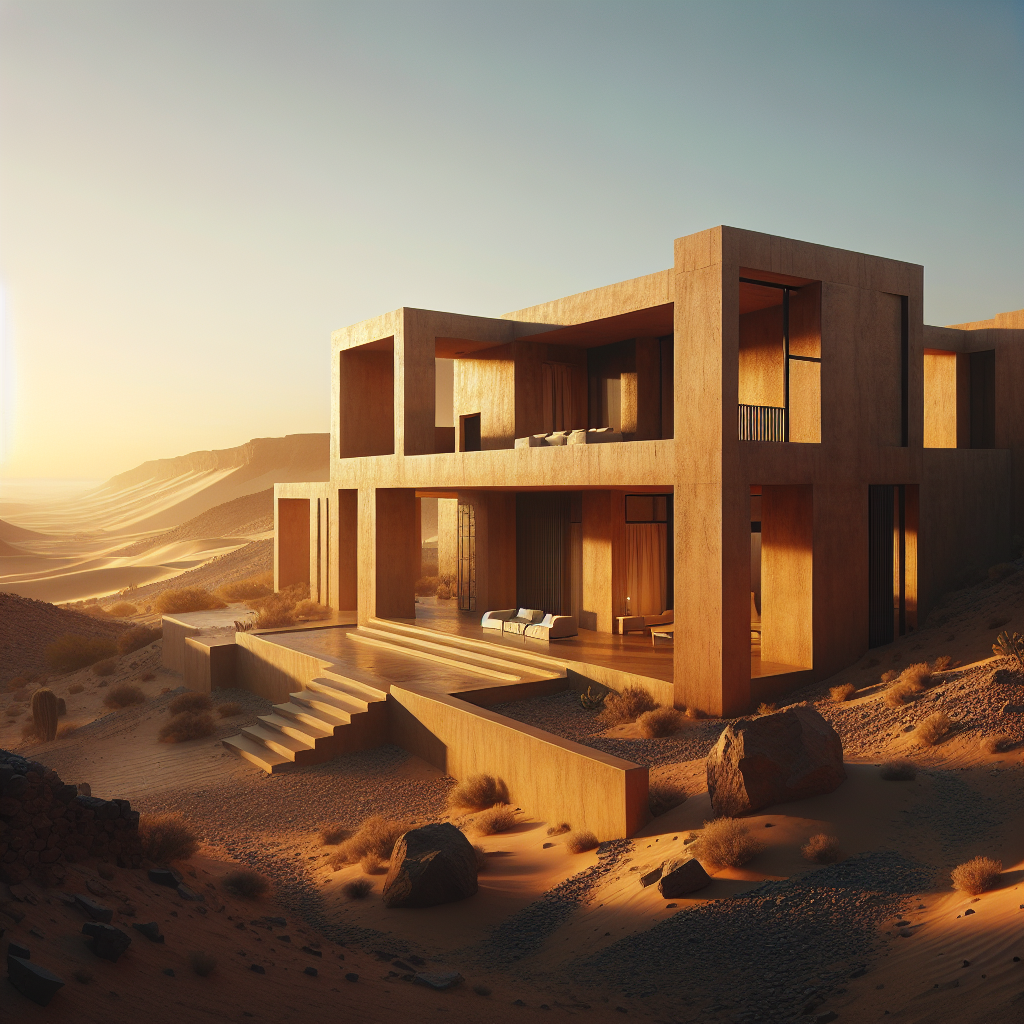 Hyperrealistic desert minimalist villa with rammed-earth walls and sunset lighting, blending harmoniously into arid landscape and natural terrain.