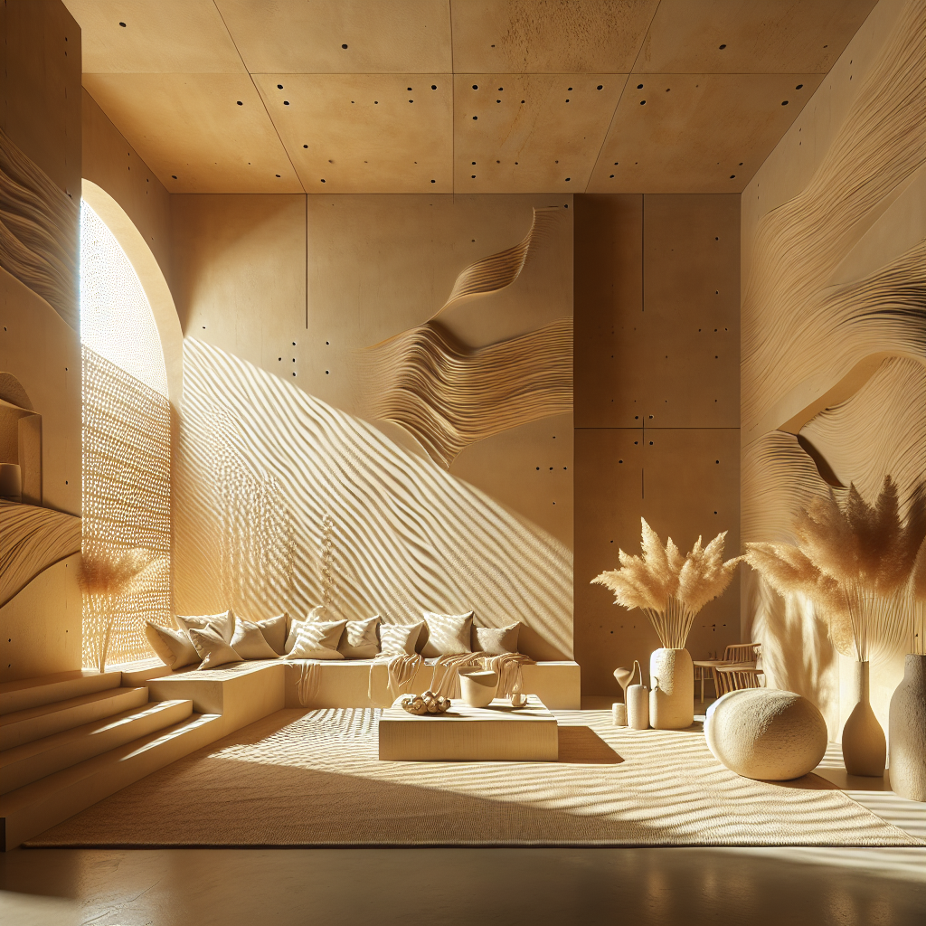 Hyperrealistic desert minimalist interior with sand-textured walls, warm ochre tones, golden light, and organic limestone furnishings.