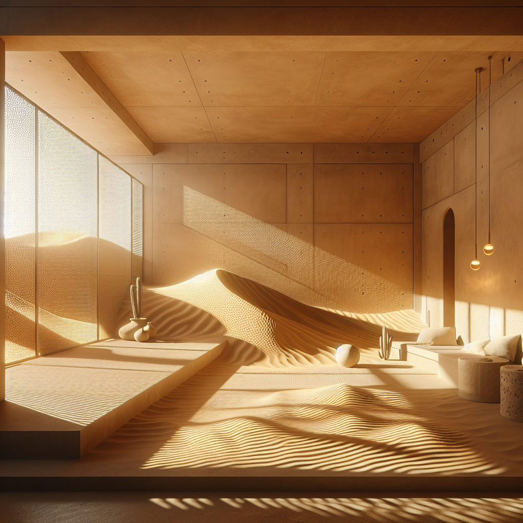 Hyperrealistic desert minimalist interior with sand-textured walls, warm ochre tones, golden light, and organic limestone furnishings.