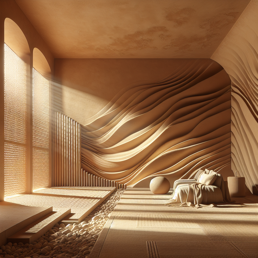 Hyperrealistic desert minimalist interior with sand-textured walls, warm ochre tones, golden light, and organic limestone furnishings.