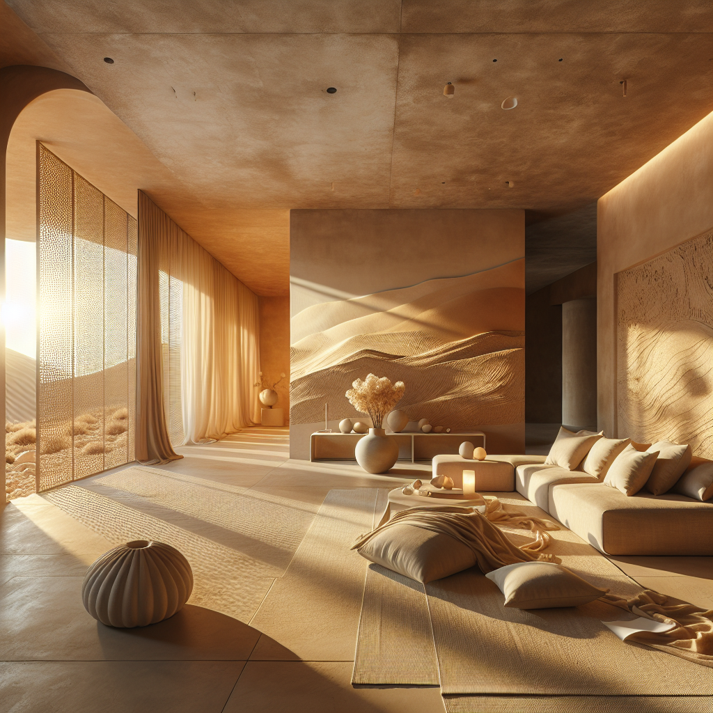 Hyperrealistic desert minimalist interior with sand-textured walls, warm ochre tones, golden light, and organic limestone furnishings.