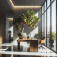 Hyperrealistic modern interior with walnut desk, glossy dwarf Meyer lemon tree in ceramic planter, terrazzo floor, natural light.