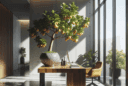 Hyperrealistic modern interior with walnut desk, glossy dwarf Meyer lemon tree in ceramic planter, terrazzo floor, natural light.