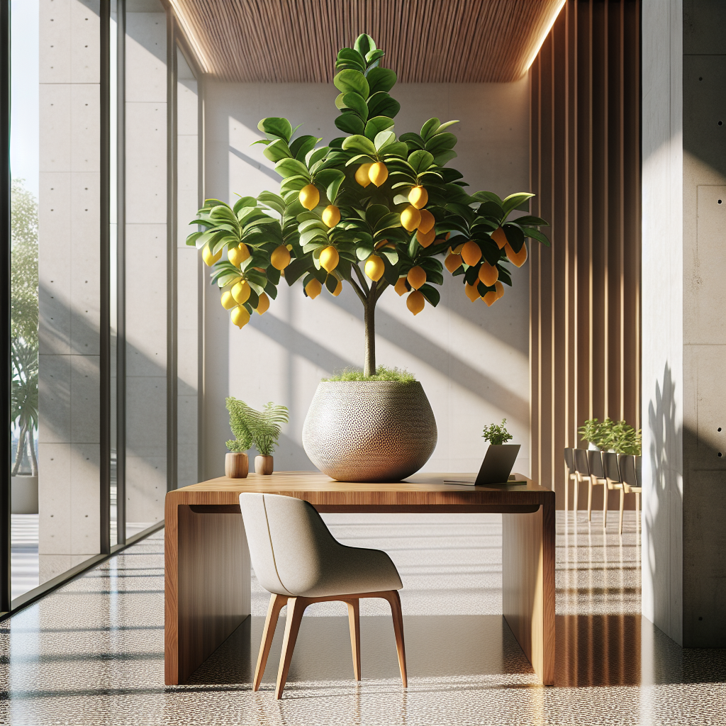 Hyperrealistic modern interior with walnut desk, glossy dwarf Meyer lemon tree in ceramic planter, terrazzo floor, natural light.