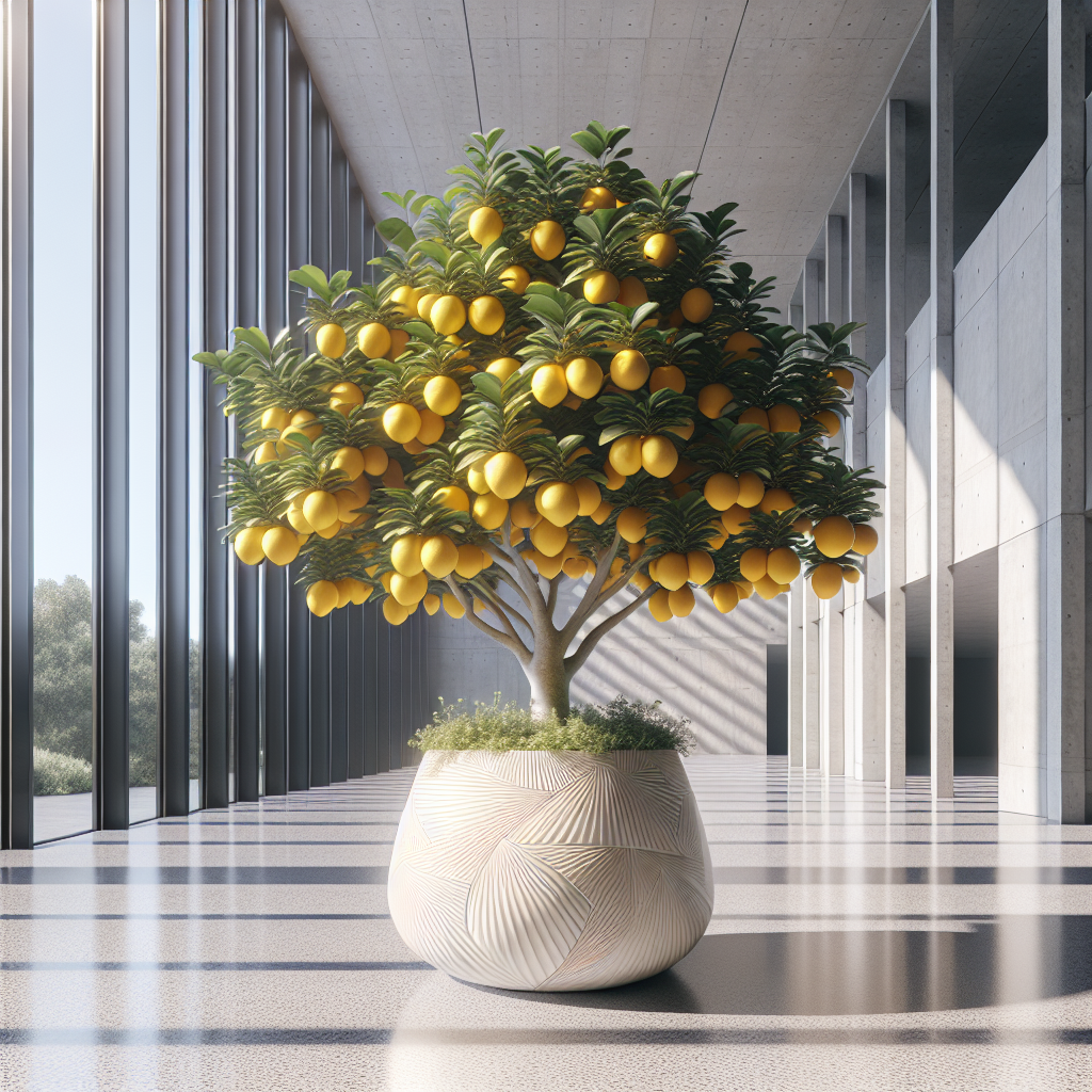 Hyperrealistic modern interior with walnut desk, glossy dwarf Meyer lemon tree in ceramic planter, terrazzo floor, natural light.