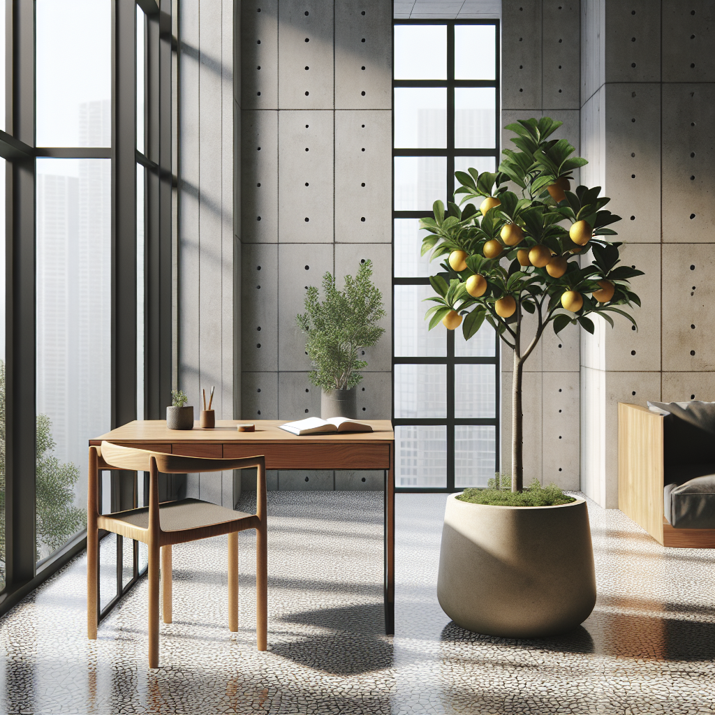 Hyperrealistic modern interior with walnut desk, glossy dwarf Meyer lemon tree in ceramic planter, terrazzo floor, natural light.