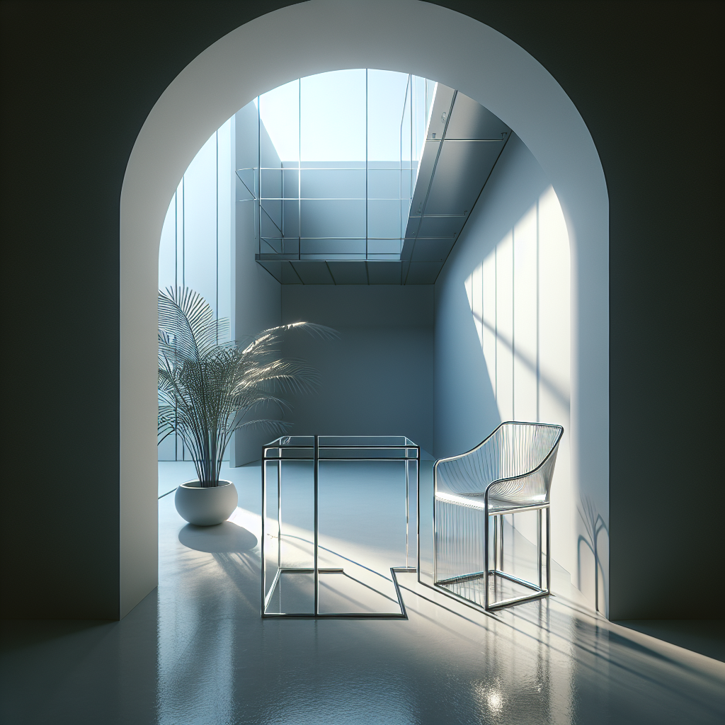 Hyperrealistic minimalist interior with metallic skeletal chair and transparent acrylic table under soft natural light, showcasing spatial balance.