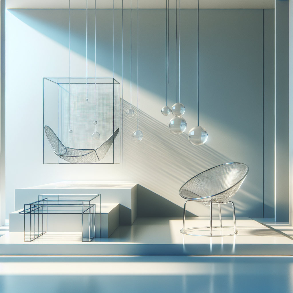 Hyperrealistic minimalist interior with metallic skeletal chair and transparent acrylic table under soft natural light, showcasing spatial balance.