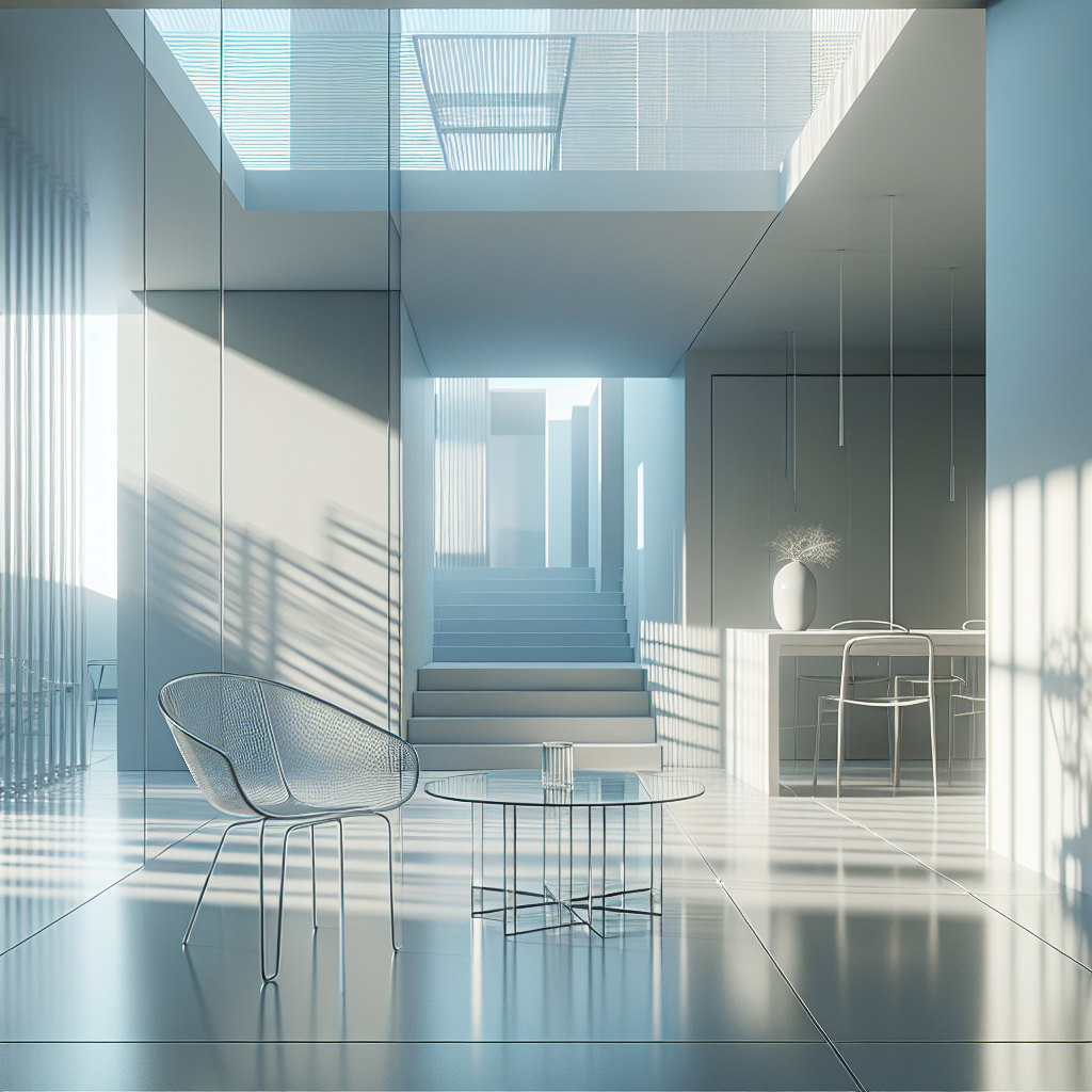 Hyperrealistic minimalist interior with metallic skeletal chair and transparent acrylic table under soft natural light, showcasing spatial balance.