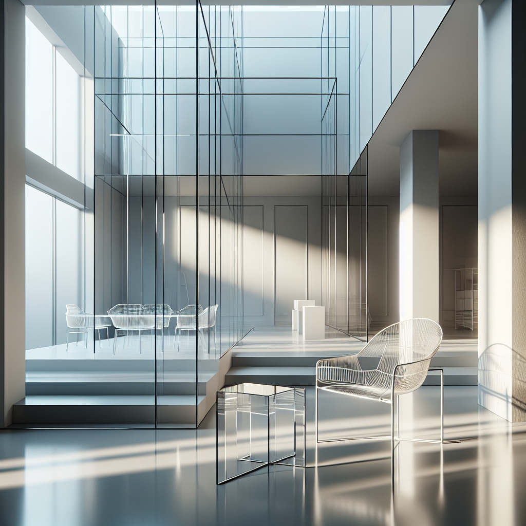 Hyperrealistic minimalist interior with metallic skeletal chair and transparent acrylic table under soft natural light, showcasing spatial balance.