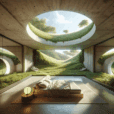 Hyperrealistic subterranean luxury bedroom integrated into a grassy hillside with skylights, earth walls, and natural minimalist design.