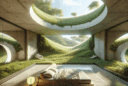 Hyperrealistic subterranean luxury bedroom integrated into a grassy hillside with skylights, earth walls, and natural minimalist design.
