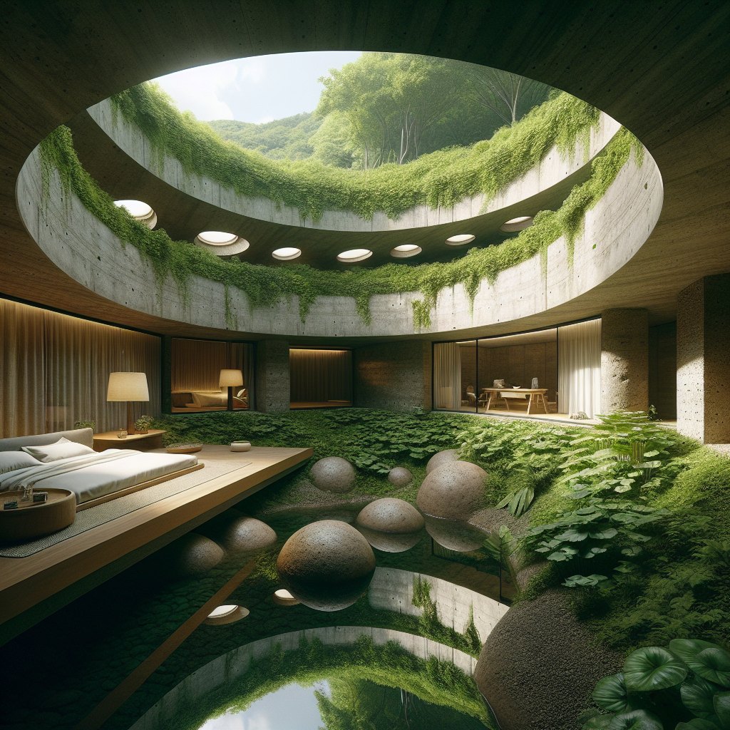 Hyperrealistic subterranean luxury bedroom integrated into a grassy hillside with skylights, earth walls, and natural minimalist design.