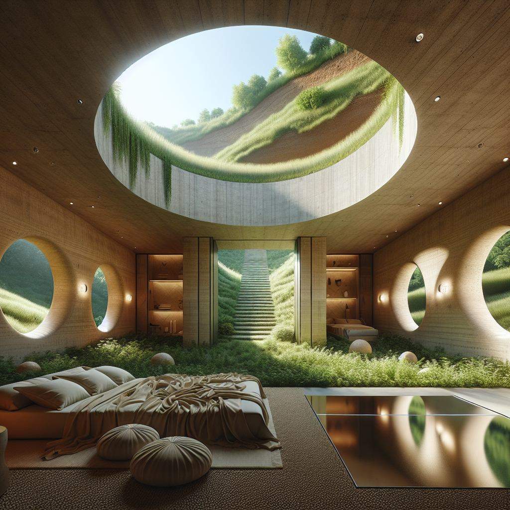 Hyperrealistic subterranean luxury bedroom integrated into a grassy hillside with skylights, earth walls, and natural minimalist design.