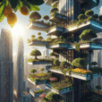Hyperrealistic futuristic city skyline with orchard balconies, solar panels, and biophilic design blending nature with modern architecture.