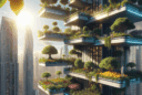 Hyperrealistic futuristic city skyline with orchard balconies, solar panels, and biophilic design blending nature with modern architecture.