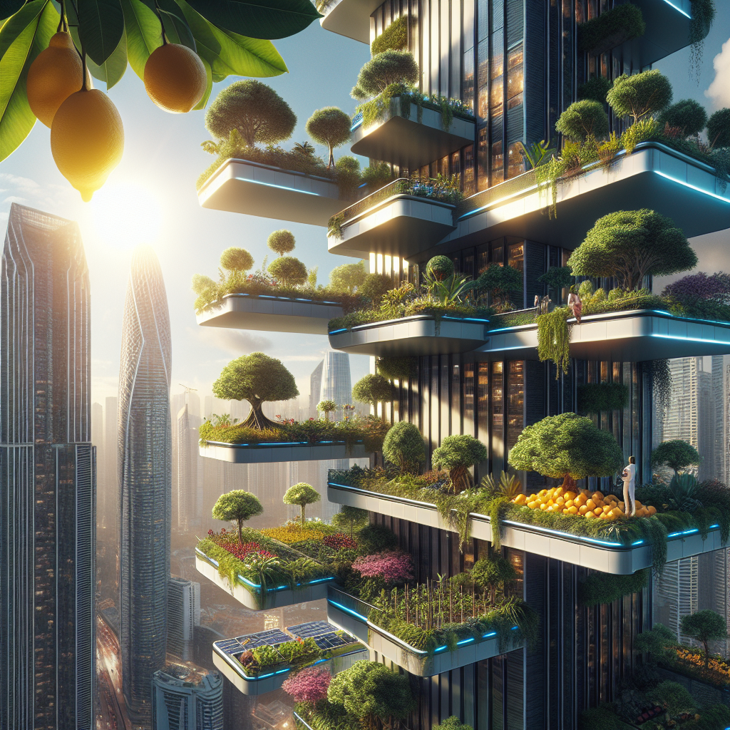 Hyperrealistic futuristic city skyline with orchard balconies, solar panels, and biophilic design blending nature with modern architecture.