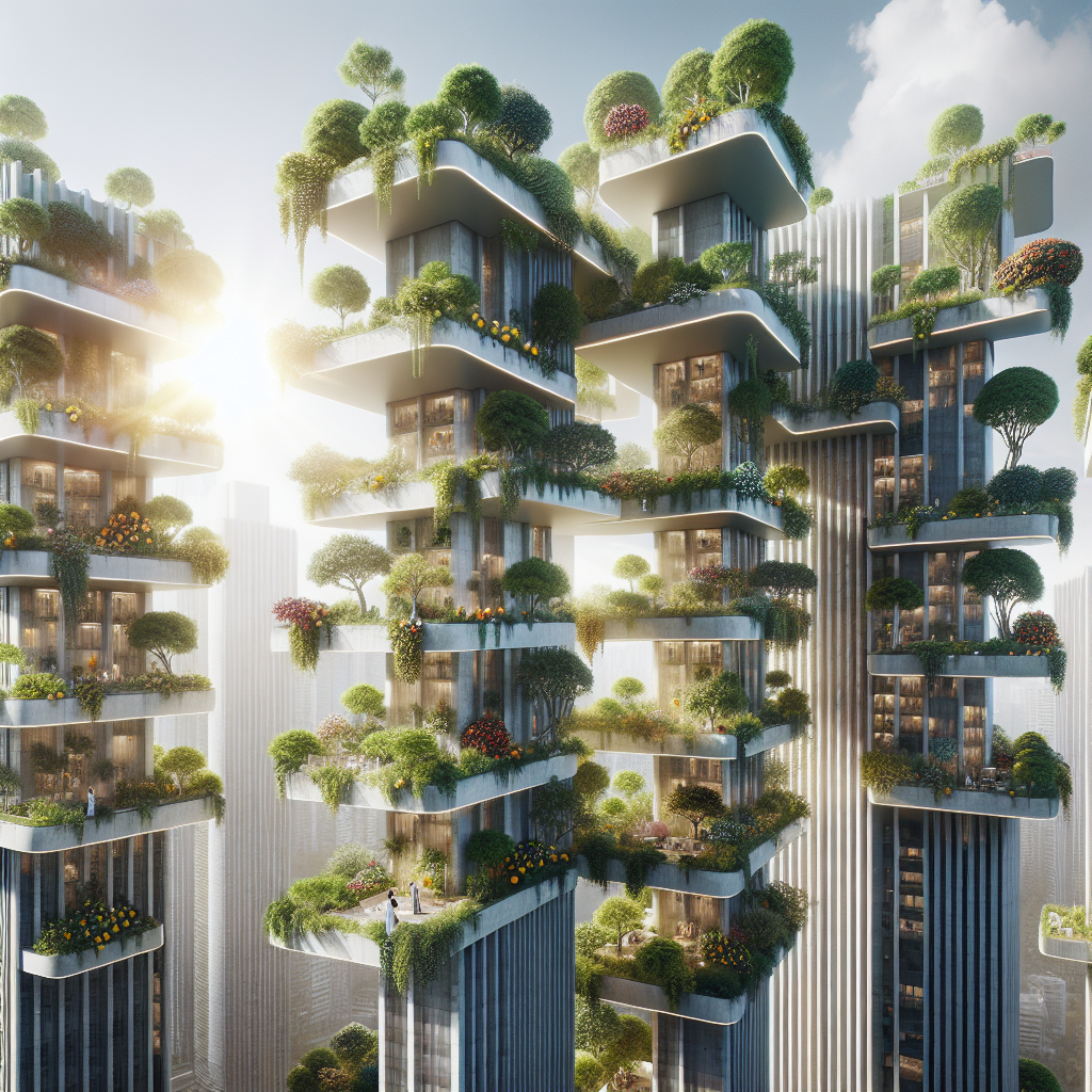 Hyperrealistic futuristic city skyline with orchard balconies, solar panels, and biophilic design blending nature with modern architecture.