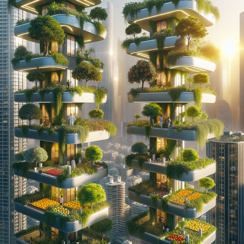 Hyperrealistic futuristic city skyline with orchard balconies, solar panels, and biophilic design blending nature with modern architecture.