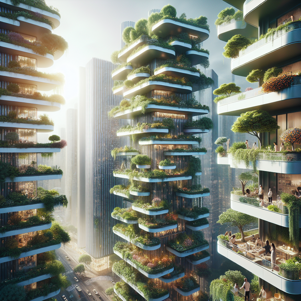 Hyperrealistic futuristic city skyline with orchard balconies, solar panels, and biophilic design blending nature with modern architecture.