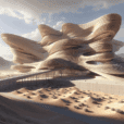 Hyperrealistic futuristic building with sandstone-like fluid facades, canyon-inspired design, and desert plaza blending nature and architecture.