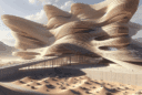 Hyperrealistic futuristic building with sandstone-like fluid facades, canyon-inspired design, and desert plaza blending nature and architecture.