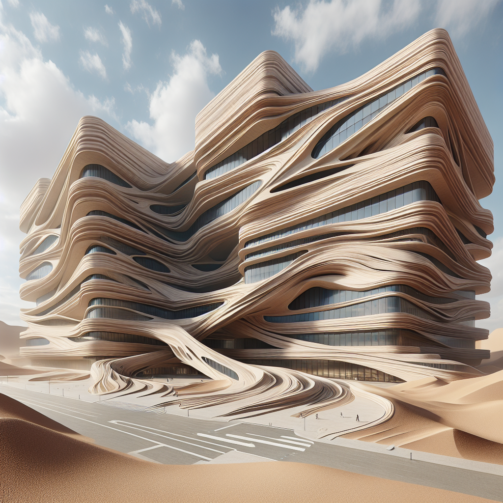 Hyperrealistic futuristic building with sandstone-like fluid facades, canyon-inspired design, and desert plaza blending nature and architecture.