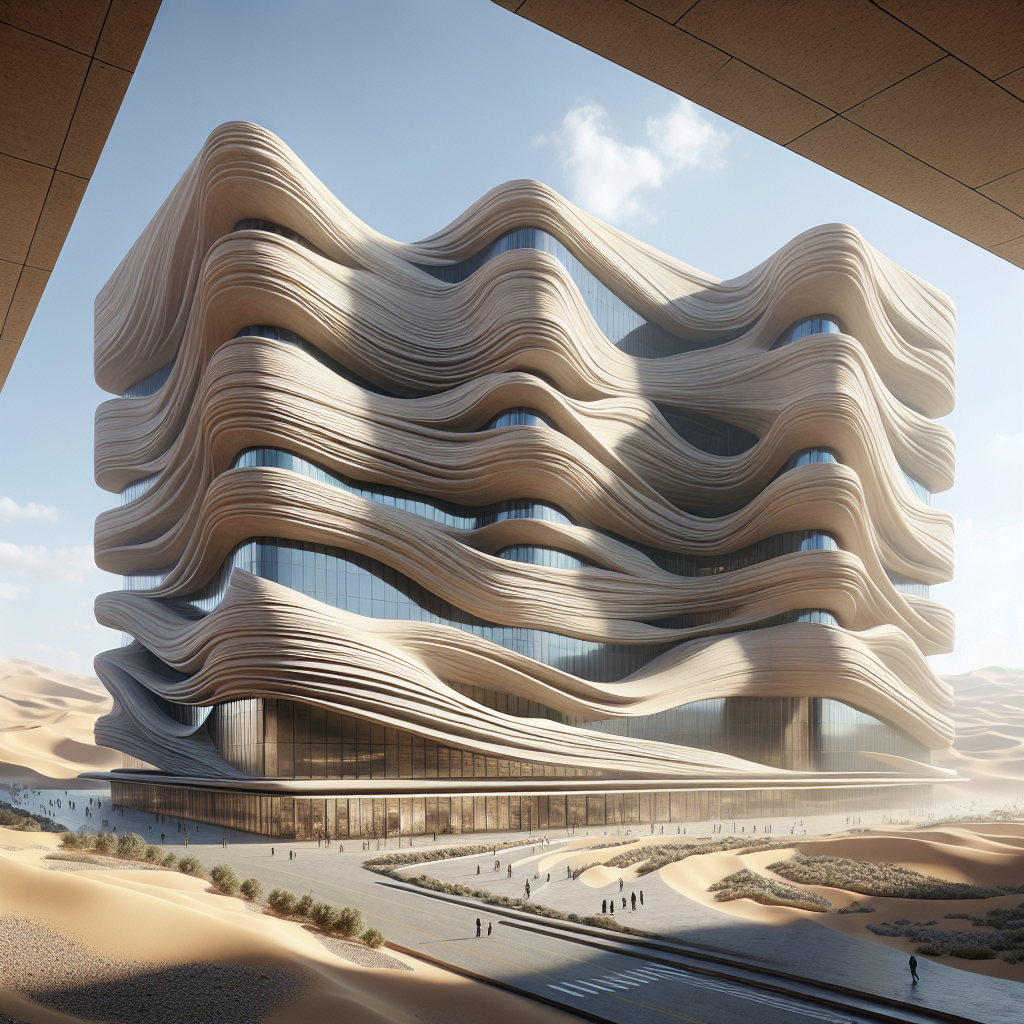 Hyperrealistic futuristic building with sandstone-like fluid facades, canyon-inspired design, and desert plaza blending nature and architecture.