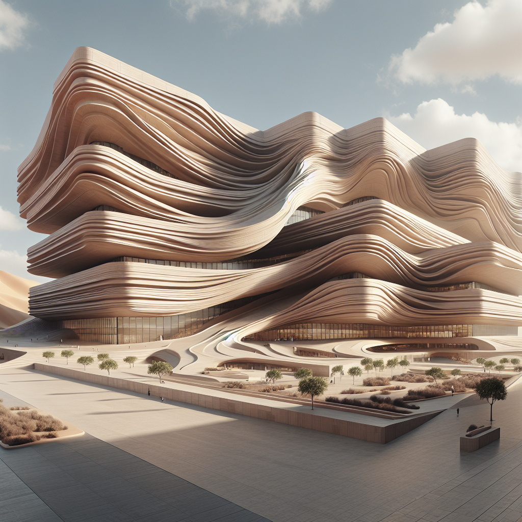 Hyperrealistic futuristic building with sandstone-like fluid facades, canyon-inspired design, and desert plaza blending nature and architecture.