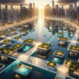 Aerial view of futuristic floating city square at sunset with modular eco platforms, greenery, LED walkways, and thriving aquatic life.