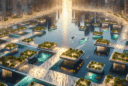 Aerial view of futuristic floating city square at sunset with modular eco platforms, greenery, LED walkways, and thriving aquatic life.