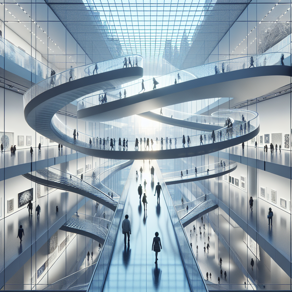 Hyperrealistic contemporary museum interior with floating glass labyrinth walkways, futuristic architecture, and serene light-filled galleries.