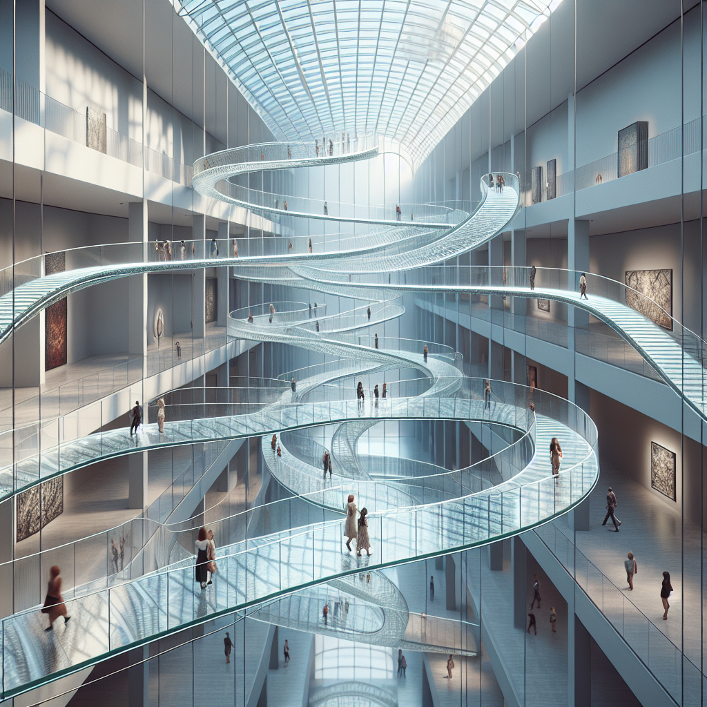 Hyperrealistic contemporary museum interior with floating glass labyrinth walkways, futuristic architecture, and serene light-filled galleries.