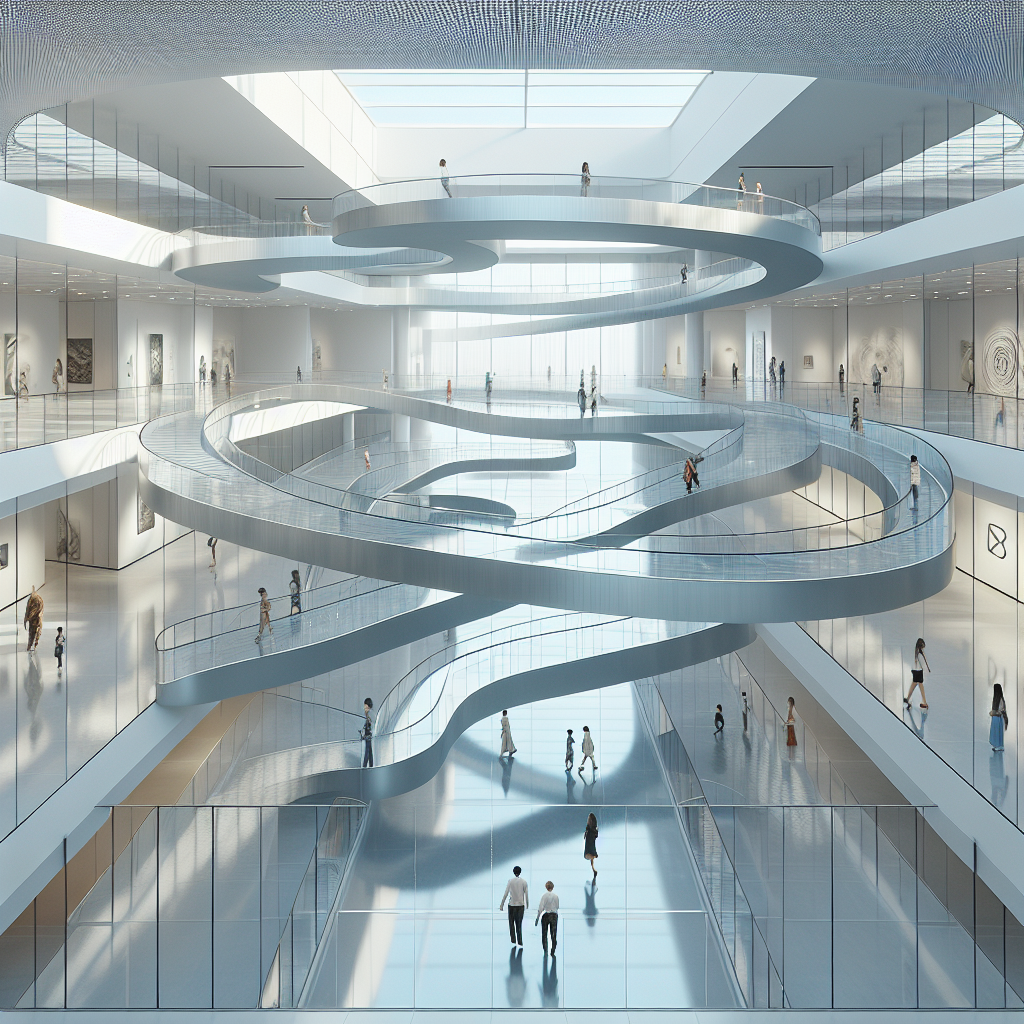 Hyperrealistic contemporary museum interior with floating glass labyrinth walkways, futuristic architecture, and serene light-filled galleries.