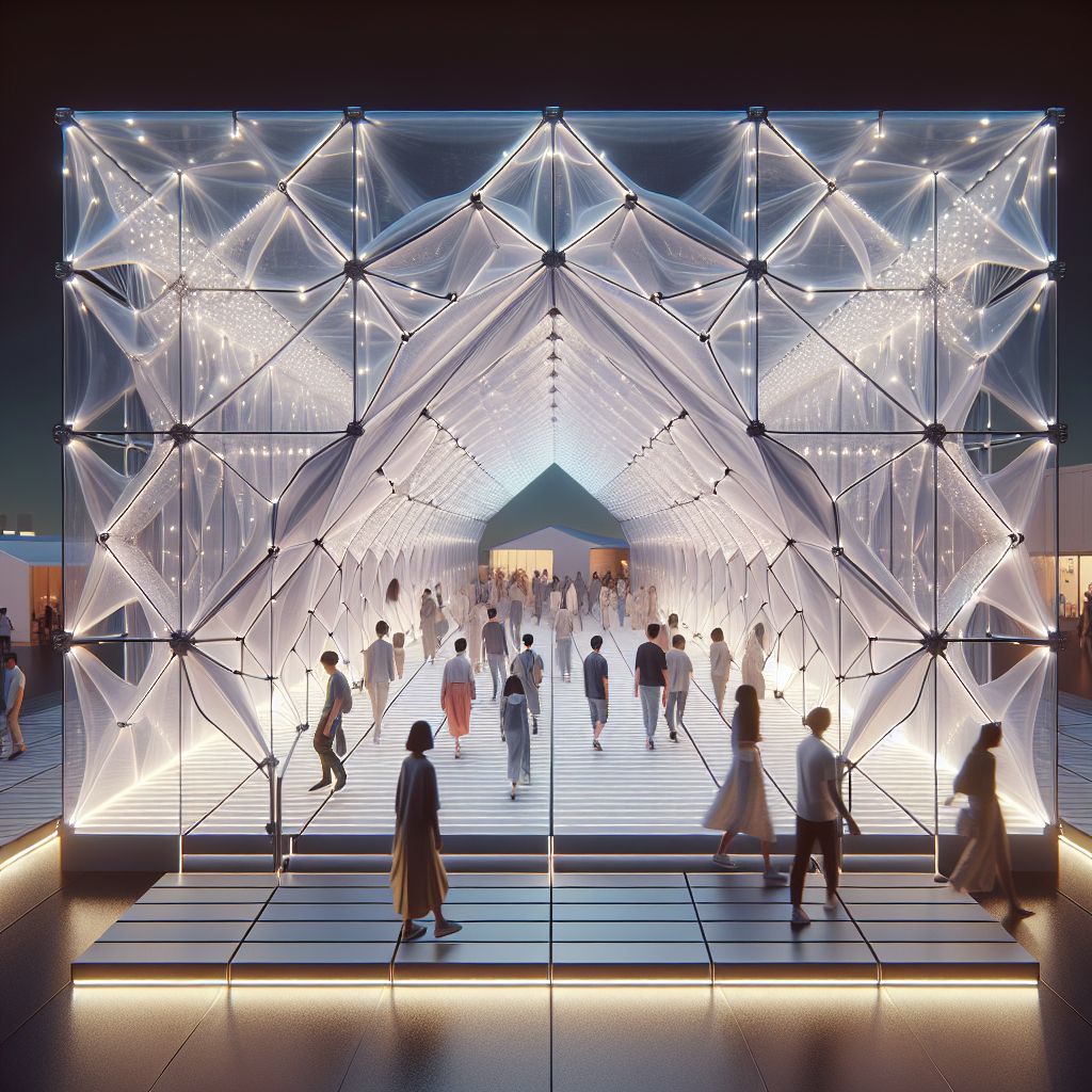 Hyperrealistic foldable mylar and ETFE corridor glowing with LED lights at a sustainable nighttime mobile architecture event.