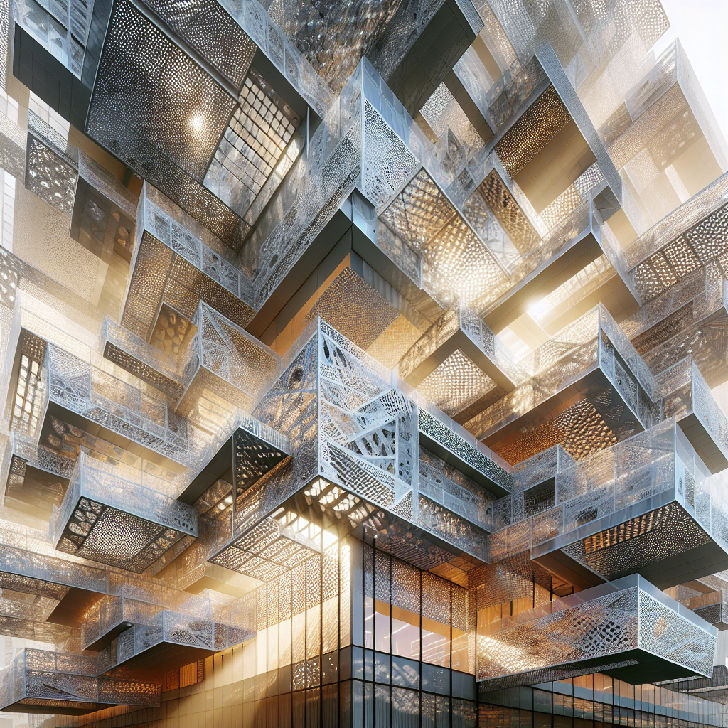 Hyperrealistic rendering of a modern sustainable building façade with fragmented metal, glass, and composite planes filtering dynamic sunlight.