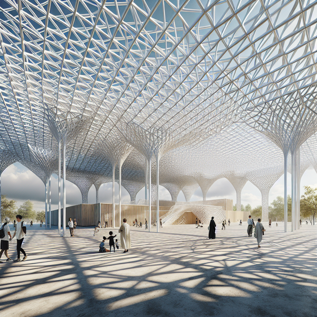 Hyperrealistic pavilion with white steel lattice exoskeleton, open voids, light play, and visitors walking through minimal airy structure.