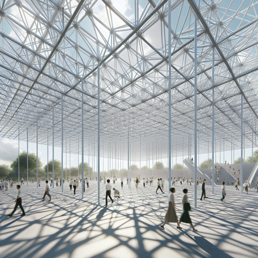 Hyperrealistic pavilion with white steel lattice exoskeleton, open voids, light play, and visitors walking through minimal airy structure.