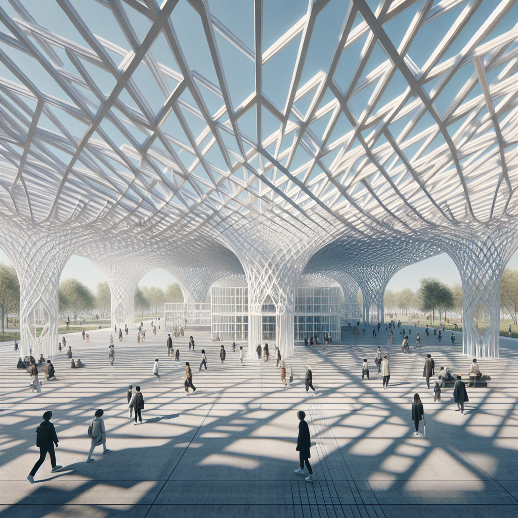 Hyperrealistic pavilion with white steel lattice exoskeleton, open voids, light play, and visitors walking through minimal airy structure.