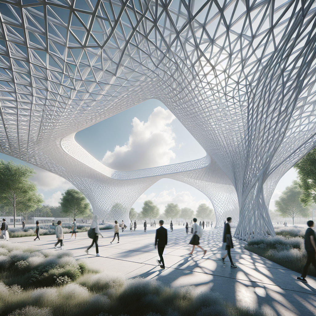 Hyperrealistic pavilion with white steel lattice exoskeleton, open voids, light play, and visitors walking through minimal airy structure.